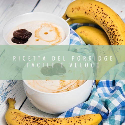Tavolo con bowl di porridge, banane e tovaglia a quadrati e banner articolo
